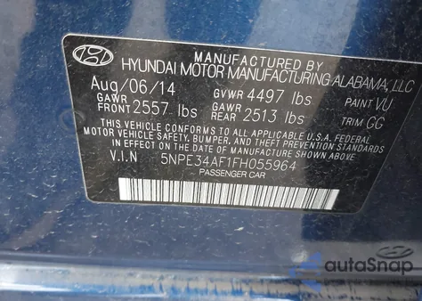 2015 Hyundai Sonata Sport из США, поврежденный, VIN 5NPE34AF1FH055964